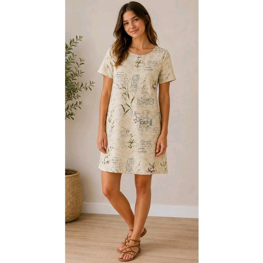 Sweet Jessie Women's Gardening/Floral Print Linen Shift Dress  Size Small Beige